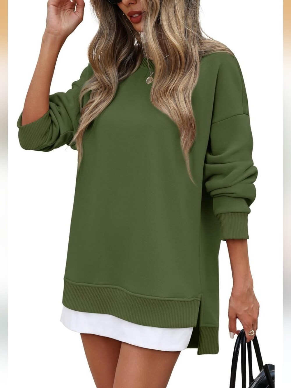 Olive Green Oversized Women's Sweatshirt Tunic - Casual Layered Look